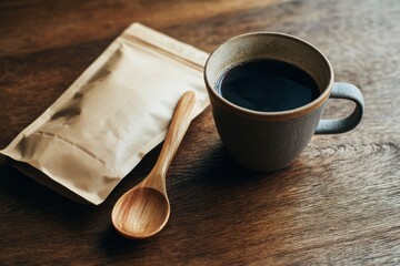 A Cozy Morning Coffee Setup with a Bag of Beans and a Wooden Spoon.