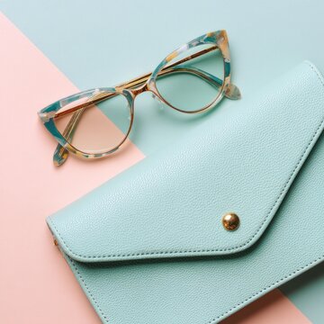 Stylish Eyeglasses and Clutch on Pastel Background.