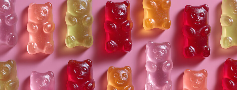 Flat lay composition with delicious jelly bears, jelly bears pattern on pink background, panoramic image