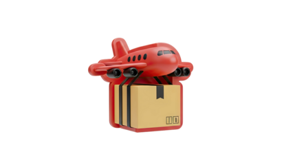 Red toy airplane delivering a package on transparent background