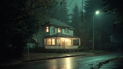 A cozy house with porch lights on at night in a quiet neighborhood