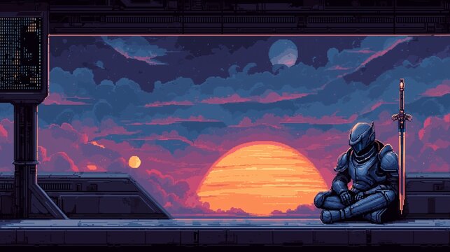Futuristic cyber knight in advanced blue armor sitting in meditation on spaceship deck with sword at sunset over alien planet in pixel art style