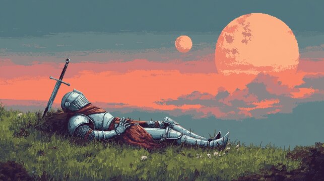 Pixel art knight in silver armor lying down on green grass field resting under two giant moons and orange sunset sky in fantasy world