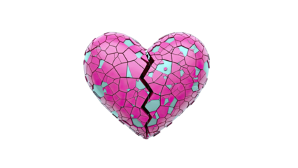 3D Broken heart with cracked pink and blue pieces on transparent background