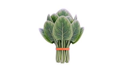 3D Bunch of fresh spinach leaves with an orange band on transparent background