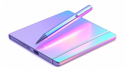 Holographic notebook & stylus on white background