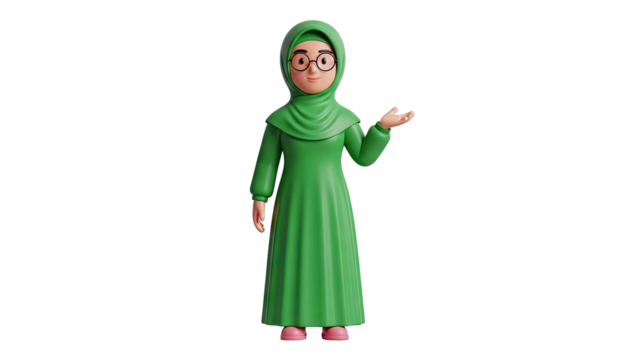 3D Cartoon Woman Wearing Green Hijab and Dress on transparent background - Powered by Adobe