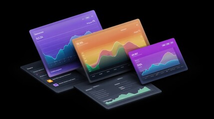 Modern Digital Data Visualization with Colorful Graphs and Charts on Black Background for Financial and Analytical Purposes