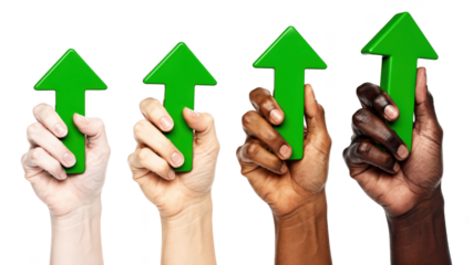 Diverse hands holding green upward arrows signifying growth, success, progress, and positive trends against a white background. Concept of teamwork.