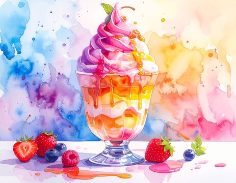 水彩画風の華やかなかき氷とベリーのイラスト 清潔感のあるポップな夏のデザート（生成AI） - Powered by Adobe