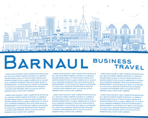 Outline Barnaul Russia city skyline with blue buildings and copy space. Illustration. Barnaul cityscape with landmarks. Business travel and tourism concept with modern and historic architecture.