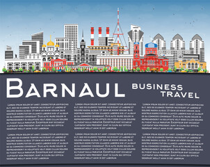 Barnaul Russia city skyline with color buildings, blue sky and copy space. Illustration. Barnaul cityscape with landmarks. Business travel and tourism concept with modern and historic architecture.