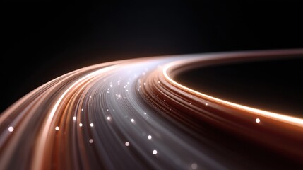 Abstract light trails in dark background with soft glowing particles creating a dynamic visual effect for technology or artistic themes