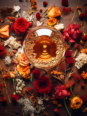 High angle view of a golden drink in glass surrounded by a rich bed of red and orange roses, luxury floral background.