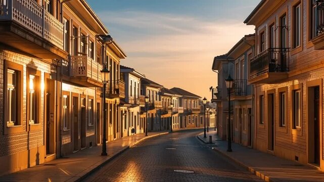 Serene European street at sunset with historic buildings
