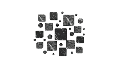 Abstract marble cubes and spheres arrangement on transparent background