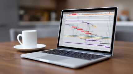 Modern laptop displaying project management software with Gantt chart on wooden table with coffee cup in stylish workspace setting