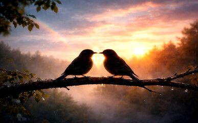silhouette of two bird in heart shape , Valentine's Day, Generative ai