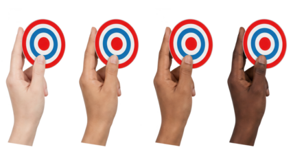 Diverse hands holding symbol with red, white, and blue circles against white background, concept of aiming, marketing, and achieving goals