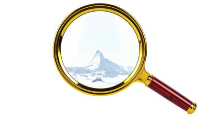 A magnifying glass reveals a snow-covered mountain peak