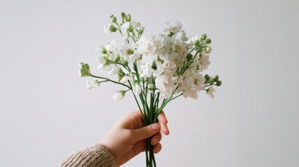 Hand holding beautiful white flowers against light background