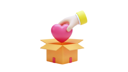 3D Hand placing heart in open box on transparent background