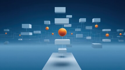 Dynamic abstract composition of geometric shapes and spheres representing digital connectivity and innovation in a modern tech landscape