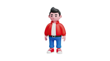 3D Cartoon Boy in Red Jacket and Blue Jeans on transparent background
