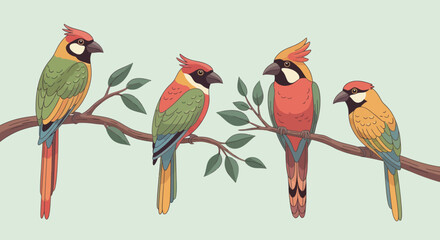 Four colorful tropical birds perched on a branch © A B I G A I L