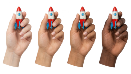 Multicultural Startup: Hands Holding Rockets on White Background