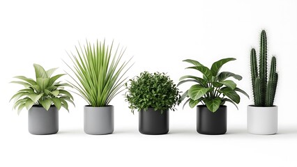 Fototapeta premium Five Potted Plants on White Background
