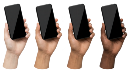 Diverse hands holding smartphones, isolated on white. Blank screens for mockup, promoting diversity, inclusion, and technology accessibility.