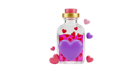3D Love Potion Bottle with Hearts on transparent background