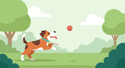 Fototapeta premium A happy dog plays with a ball in a park