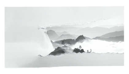 Mountain scene, framed by torn paper. Black and white landscape with trees