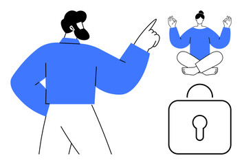 Online privacy, meditation, personal growth, cybersecurity, mental focus, wellness balance. Person pointing, sitting in meditation pose and lock icon. Cybersecurity and mindfulness balance theme