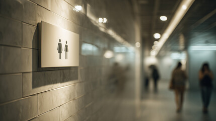 Clear Sign Indicating Women’s Restroom Mounted Along Tiled Corridor In Modern Public Space