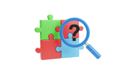 3D Magnifying glass over puzzle pieces with question mark on transparent background