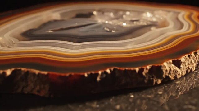Banded Agate Slice Revealing Its Intricate Layers and Crystalline Interior on a Polished Surface