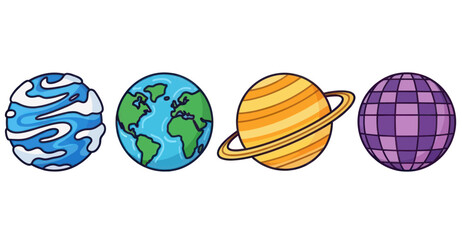 A row of cartoon planets with Earth and Saturn