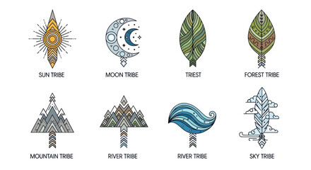 Collection of stylized tribal symbols representing sun, moon, forest, mountains, river, and sky.