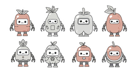 Cute fruit robots in pink and gray on a white background.