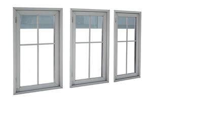 Obraz premium Three adjacent, white-framed windows against a black backdrop
