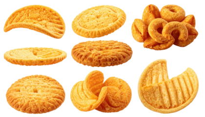 Assorted baked goods, various shapes, golden brown, isolated on black