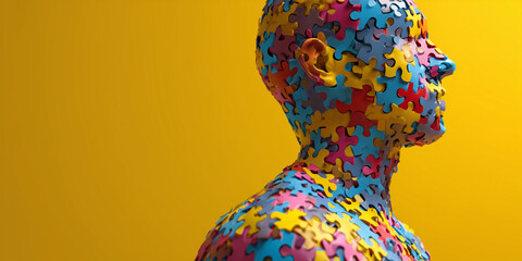 Colorful Puzzle Portrait: A 3D Jigsaw Figure Made Of Bright Pieces, Symbolizing Creativity and Unity