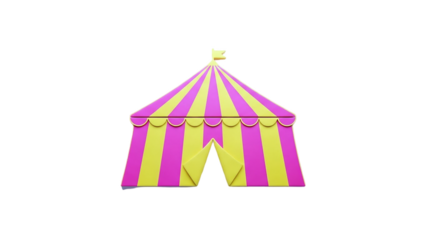 3D Pink and yellow striped circus tent with flag on transparent background