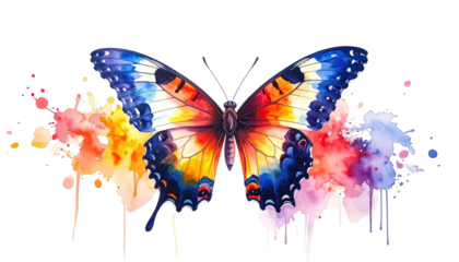 Colorful watercolor butterfly with vibrant wings and paint splatters