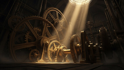 large brass gears in a dark industrial interior with dramatic light from a circular skylight conveying precision and complex engineering operations