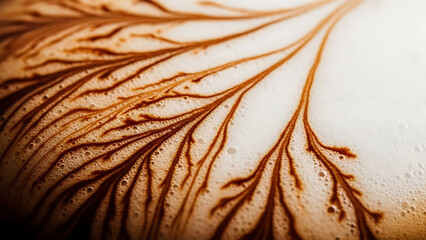 latte art with intricate chocolate fractal pattern on frothy coffee foam captured in a close-up for cafe menus and beverage promotions