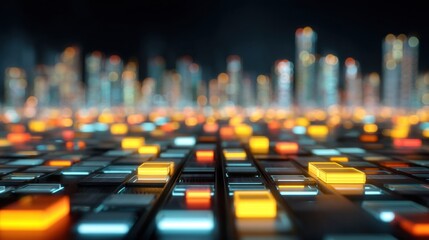 Abstract digital cityscape with glowing lights and blurred background showcasing modern technology, innovation, and futuristic ambiance